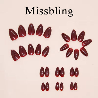 Missbling False nails New Wine Red Press on Nails Almond Solid Color False Tips Medium Press on Nails Short Glossy Acrylic Glue on Tips Reusable Nails