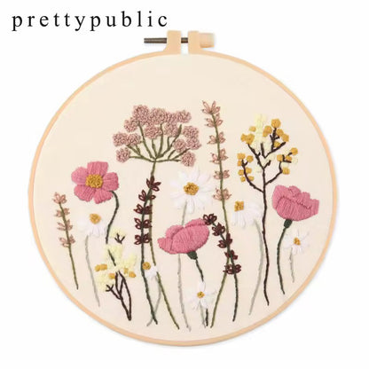 prettypublic Embroidery,4 Sets Cross Stitch Kits for Beginners with Stamped Flower Pattern, Starter Kits for Adults Hand Craft Lover with Embroidery Hoop, Instructions and Threads