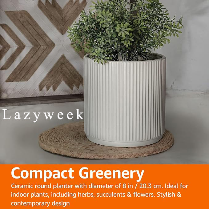 Lazyweek Flowerpots Basics Fluted Ceramic Planter White 8-lnch