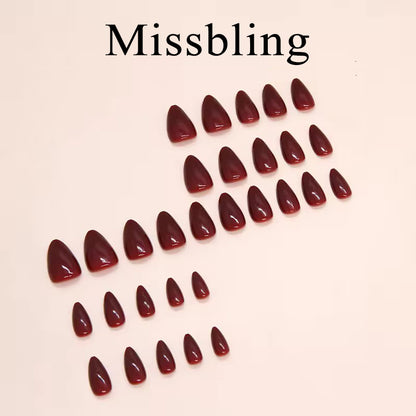 Missbling False nails New Wine Red Press on Nails Almond Solid Color False Tips Medium Press on Nails Short Glossy Acrylic Glue on Tips Reusable Nails