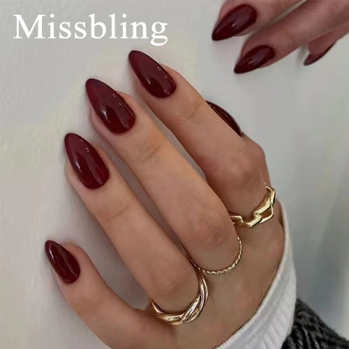 Missbling False nails New Wine Red Press on Nails Almond Solid Color False Tips Medium Press on Nails Short Glossy Acrylic Glue on Tips Reusable Nails