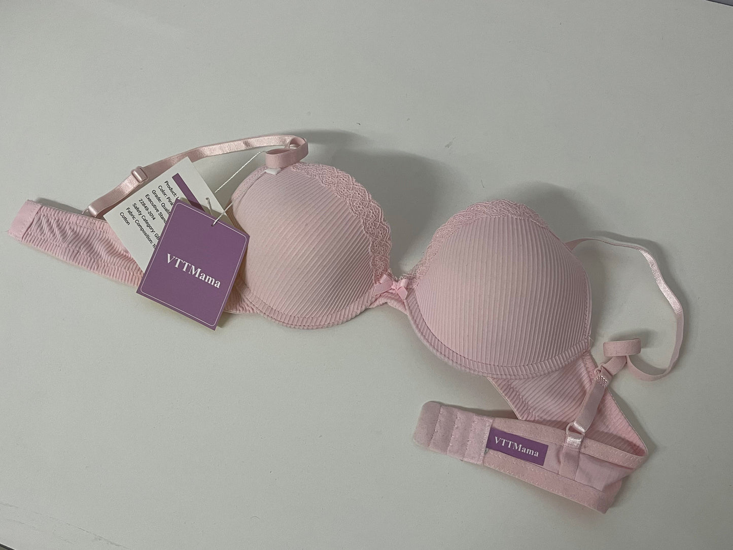VTTMama Women's Underwear - Pink Ribbed Cotton Bra with Lace Trim, Comfortable & Supportive, Breathable Skin-Friendly Daily Lingerie