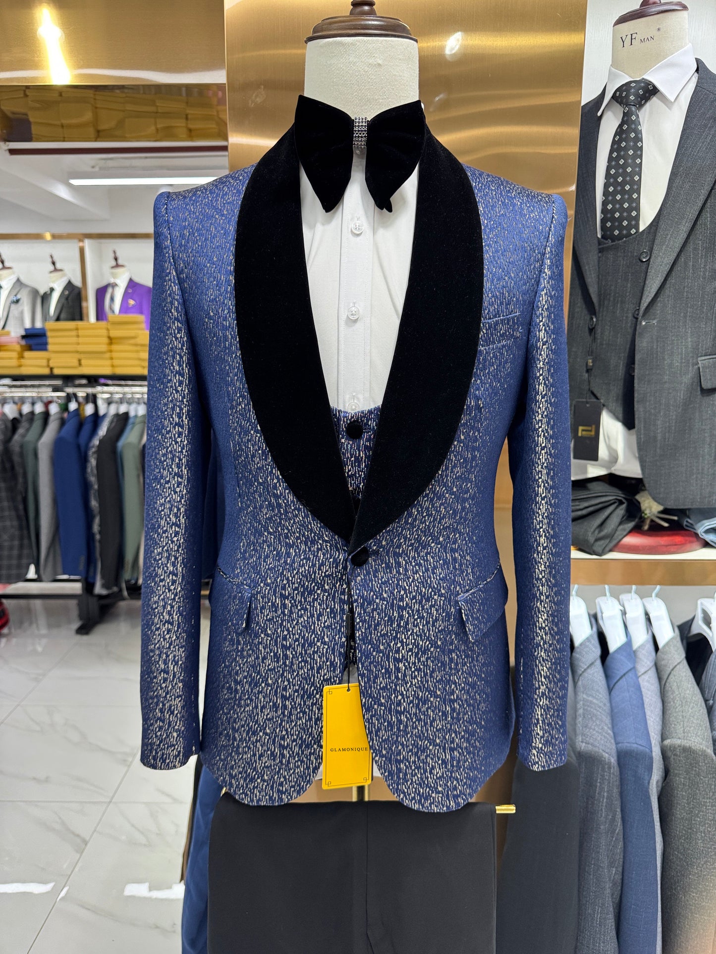 GLAMONIQUE Suits Men's Brilliant Silk Blazer for Casual Groom Party,Shawl Lapel One Button Suit Jacket