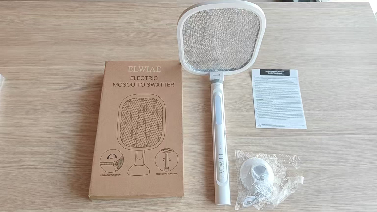 ELWIAE Foldable & Telescopic Electric Mosquito Swatter, 2-in-1 UV Mosquito Killer Lamp, Rechargeable Fly Zapper with 3-Layer Safety Mesh, Long-Lasting Lithium Battery, Base & LED Light, Physical Pest Control for Home Use