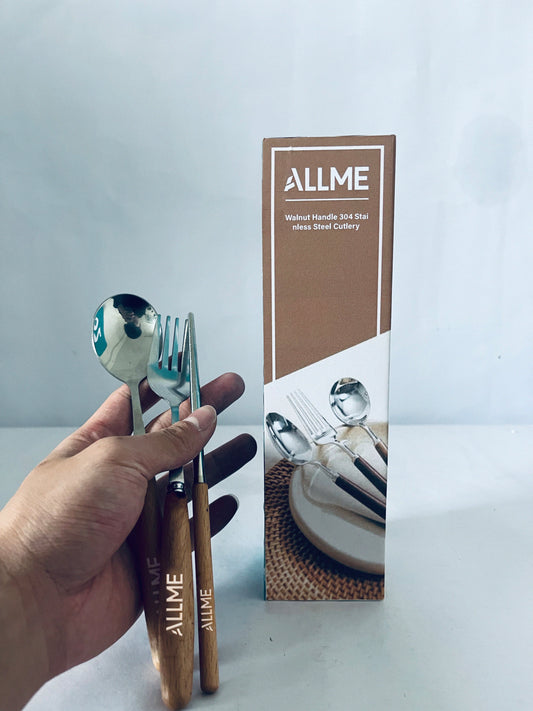 ALLME Walnut Handle 304 Stainless Steel Cutlery Set, Spoon Fork Chopsticks 3-Piece Set, Retro Style Tableware for Home/Outdoor Portable Use, Ideal Gift Choice