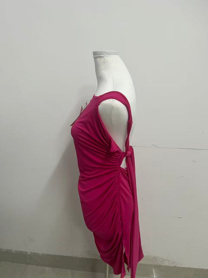 Wearose Pink Sleeveless Dress - Asymmetric One-Shoulder with Side Ruching