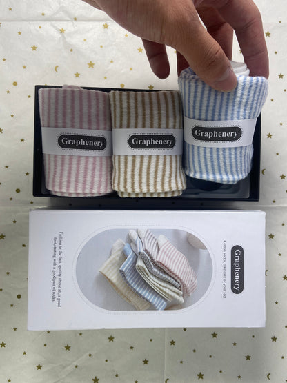 Graphenery Striped Socks High Ankle Women Cotton 3 Pairs Double-Needle Retro Style Cute Casual Crew Socks with Gifts Box Socks
