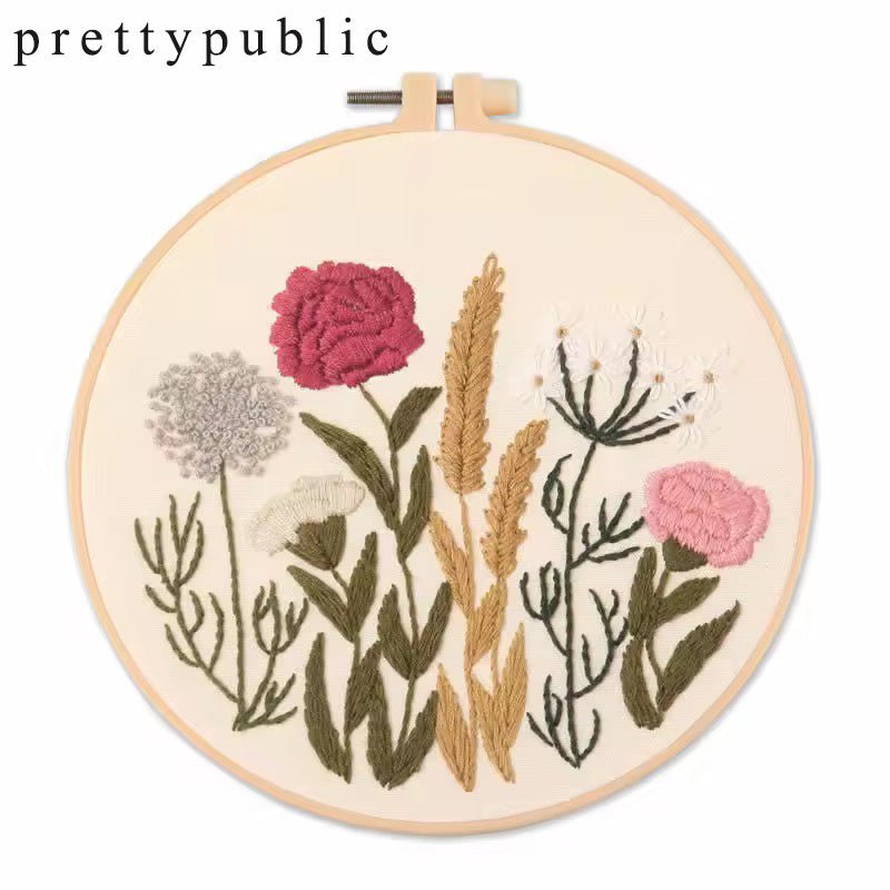 prettypublic Embroidery,4 Sets Cross Stitch Kits for Beginners with Stamped Flower Pattern, Starter Kits for Adults Hand Craft Lover with Embroidery Hoop, Instructions and Threads