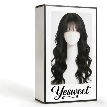 Yesweet Natural Long Wave Curly Wig with Air Bangs, Realistic Synthetic Hair Wig for Women, Daily Wear High-Heat Resistant Fiber Full Wig, Stylish & Versatile Hairpiece