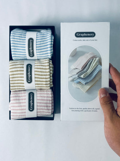 Graphenery Striped Socks High Ankle Women Cotton 3 Pairs Double-Needle Retro Style Cute Casual Crew Socks with Gifts Box Socks