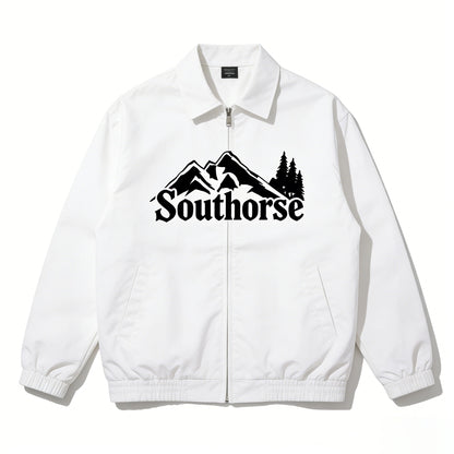 Southorse Men's Outdoor Mountain Print Anoraks Jacket, Loose Turn-Down Collar Zip-Up Casual Coat, White