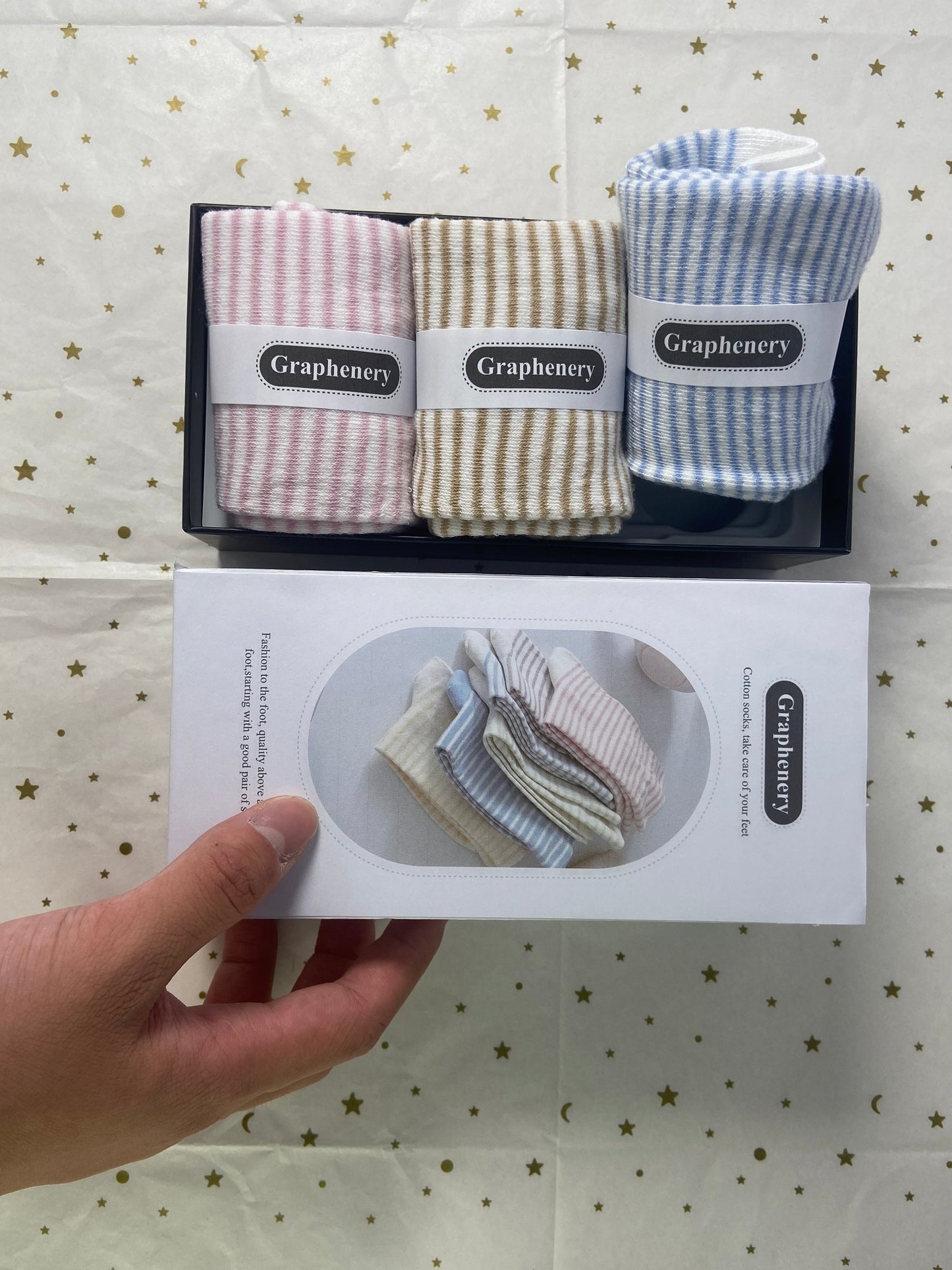 Graphenery Striped Socks High Ankle Women Cotton 3 Pairs Double-Needle Retro Style Cute Casual Crew Socks with Gifts Box Socks