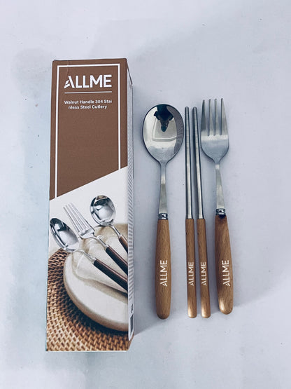 ALLME Walnut Handle 304 Stainless Steel Cutlery Set, Spoon Fork Chopsticks 3-Piece Set, Retro Style Tableware for Home/Outdoor Portable Use, Ideal Gift Choice