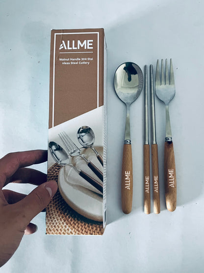 ALLME Walnut Handle 304 Stainless Steel Cutlery Set, Spoon Fork Chopsticks 3-Piece Set, Retro Style Tableware for Home/Outdoor Portable Use, Ideal Gift Choice
