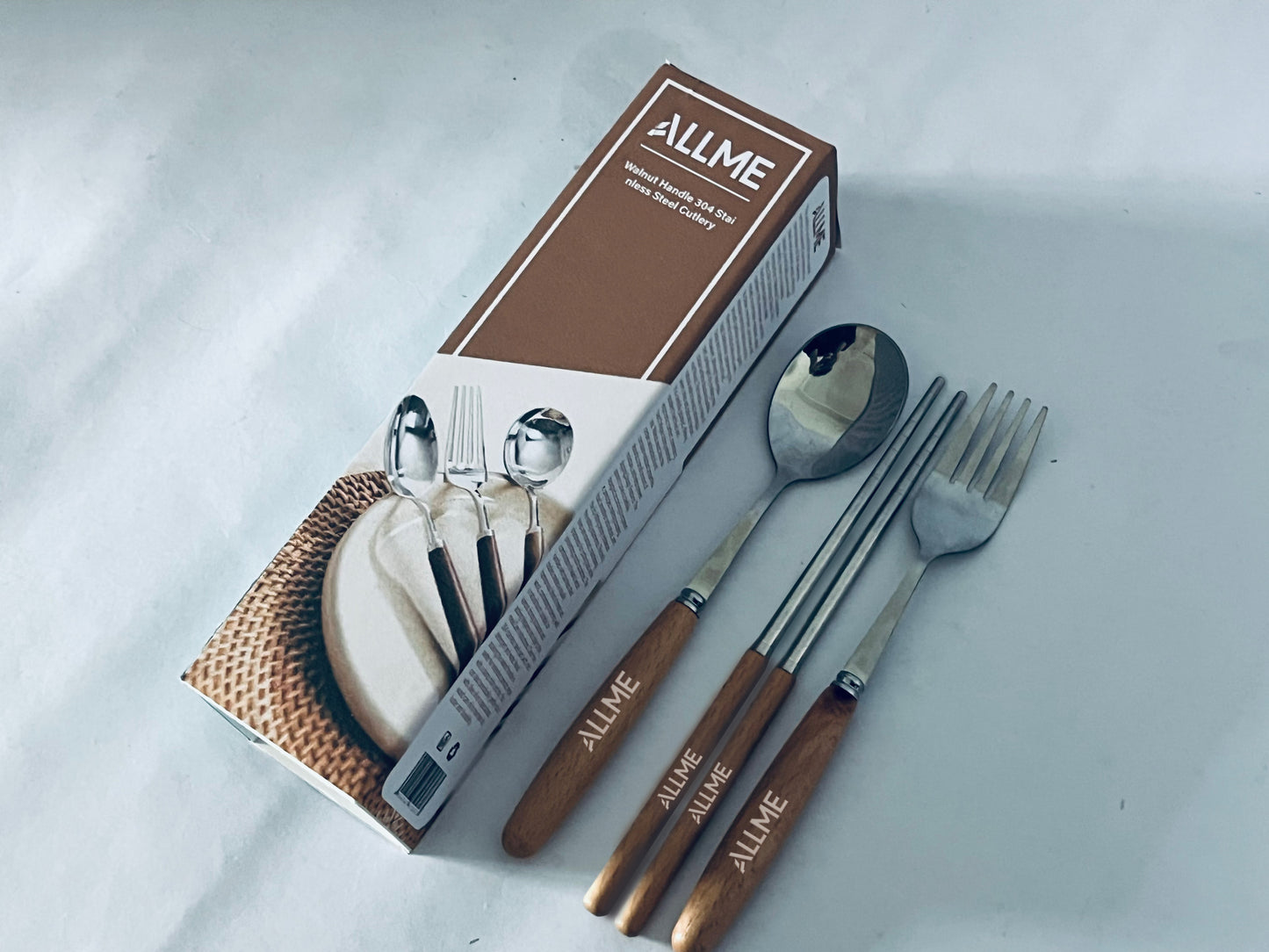 ALLME Walnut Handle 304 Stainless Steel Cutlery Set, Spoon Fork Chopsticks 3-Piece Set, Retro Style Tableware for Home/Outdoor Portable Use, Ideal Gift Choice