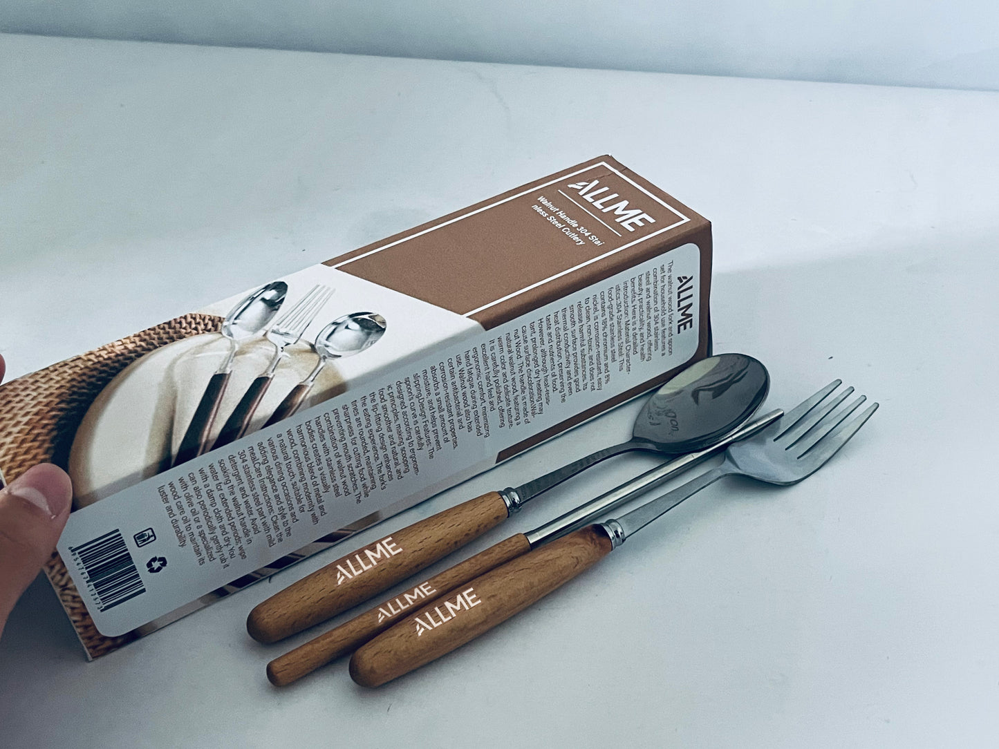 ALLME Walnut Handle 304 Stainless Steel Cutlery Set, Spoon Fork Chopsticks 3-Piece Set, Retro Style Tableware for Home/Outdoor Portable Use, Ideal Gift Choice