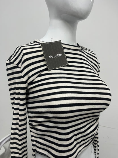 [Abruptjoy Tops as clothing]——Y2K Striped Cropped Long-Sleeve Top - High-Waist Slimming Crop Tee