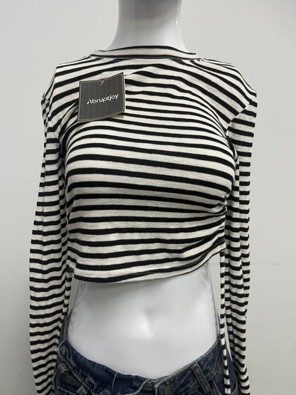 [Abruptjoy Tops as clothing]——Y2K Striped Cropped Long-Sleeve Top - High-Waist Slimming Crop Tee
