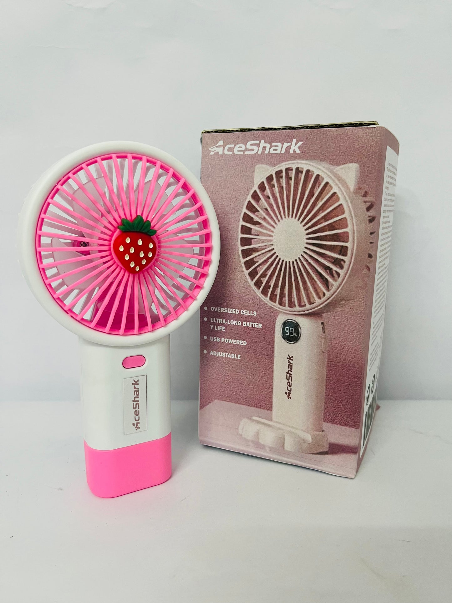 AceShark Cute Handheld Mini Fan – Portable & USB Rechargeable | Lightweight (115g) | 5-Blade Design | 3-Speed Cooling | Compact (8x6x15 cm) | Fun Fruit Style –  Strawberry (Pink)