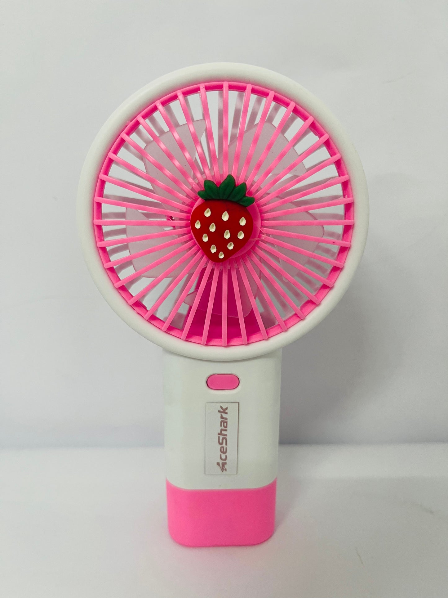 AceShark Cute Handheld Mini Fan – Portable & USB Rechargeable | Lightweight (115g) | 5-Blade Design | 3-Speed Cooling | Compact (8x6x15 cm) | Fun Fruit Style –  Strawberry (Pink)