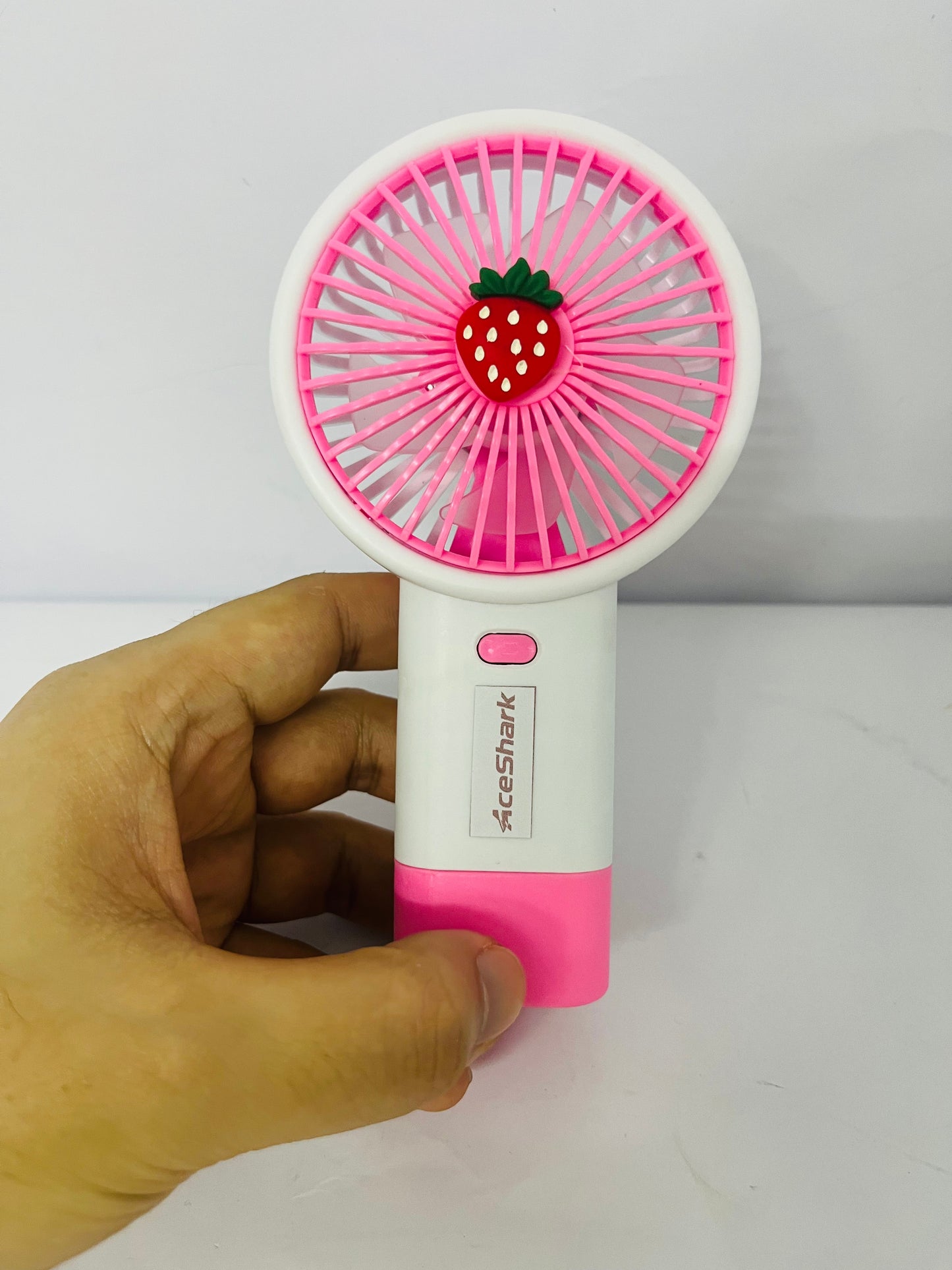 AceShark Cute Handheld Mini Fan – Portable & USB Rechargeable | Lightweight (115g) | 5-Blade Design | 3-Speed Cooling | Compact (8x6x15 cm) | Fun Fruit Style –  Strawberry (Pink)