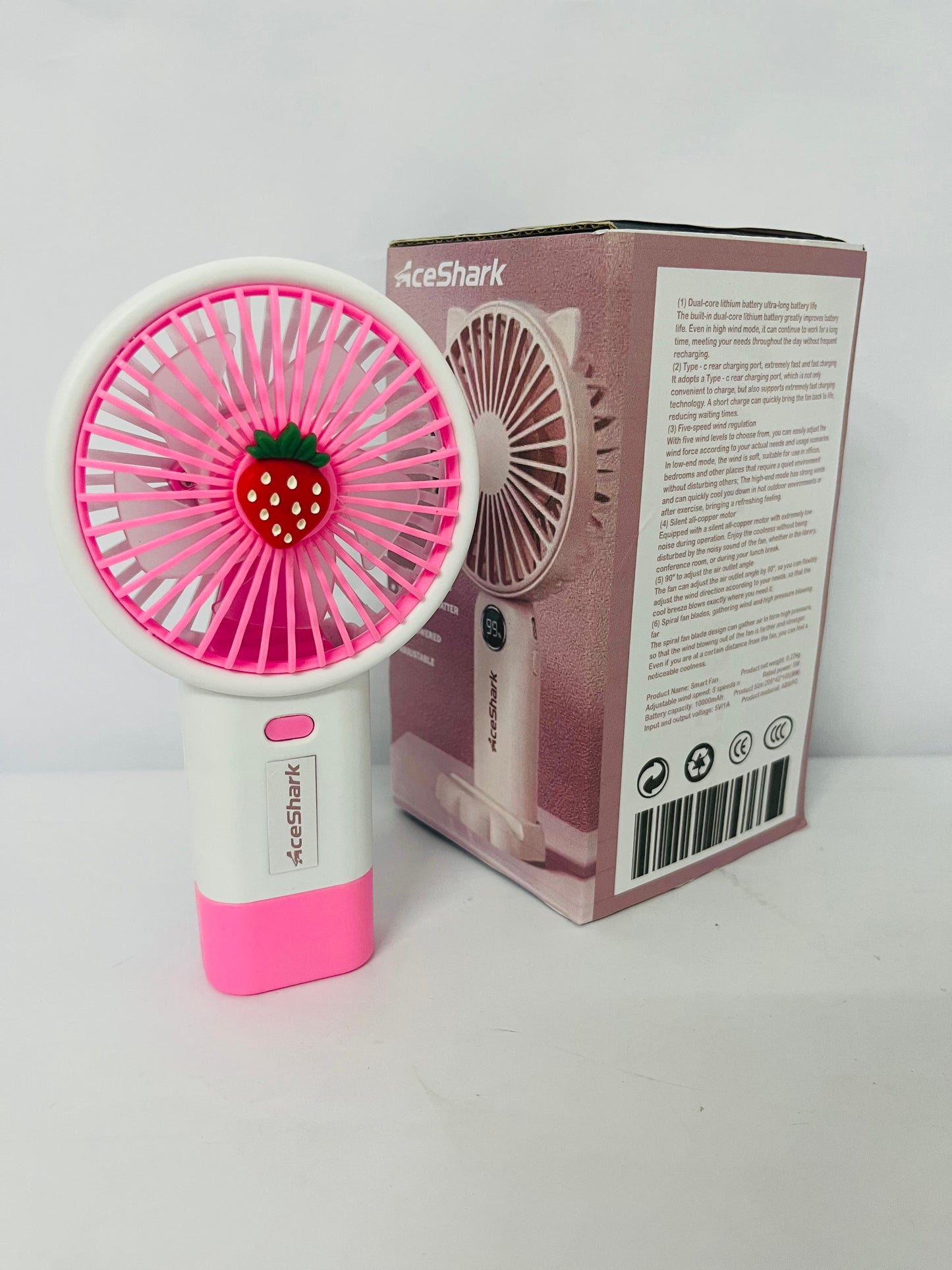 AceShark Cute Handheld Mini Fan – Portable & USB Rechargeable | Lightweight (115g) | 5-Blade Design | 3-Speed Cooling | Compact (8x6x15 cm) | Fun Fruit Style –  Strawberry (Pink)