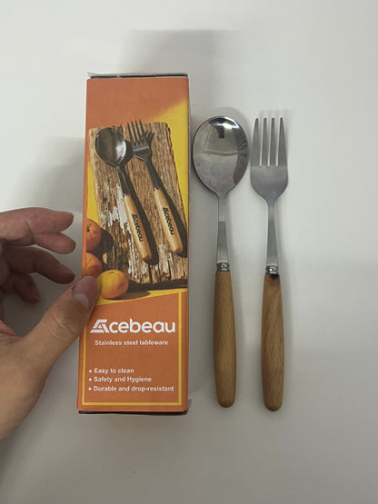 [Acebeau Flatware, namely, forks, knives, and spoons]—— Acebeau Wooden Handle Stainless Steel Flatware Set - Retro Japanese Style Portable Fork & Spoon Combo