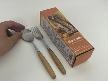 [Acebeau Flatware, namely, forks, knives, and spoons]—— Acebeau Wooden Handle Stainless Steel Flatware Set - Retro Japanese Style Portable Fork & Spoon Combo