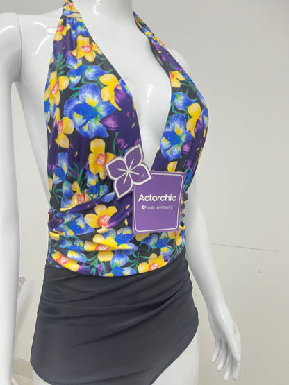 [Actorchic Swim suits]——Deep V Halter One-Piece Swimsuit - Tummy-Control Resort Swimwear