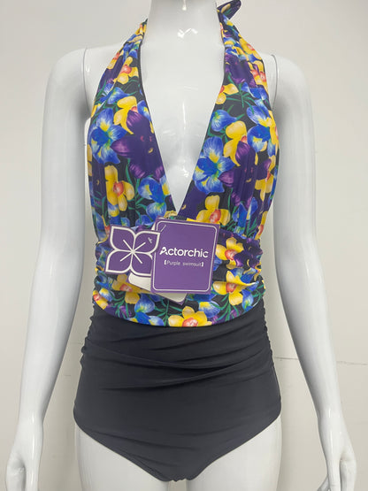 [Actorchic Swim suits]——Deep V Halter One-Piece Swimsuit - Tummy-Control Resort Swimwear