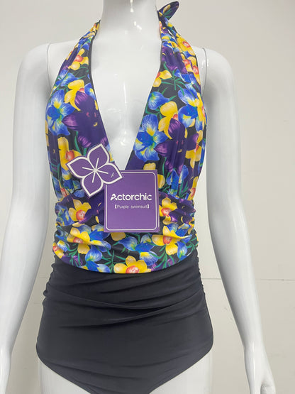 [Actorchic Swim suits]——Deep V Halter One-Piece Swimsuit - Tummy-Control Resort Swimwear