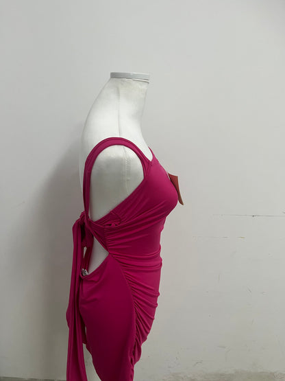 Aifull Magenta Dress - Square Neck Ruched Bodycon for Evening & Casual Style