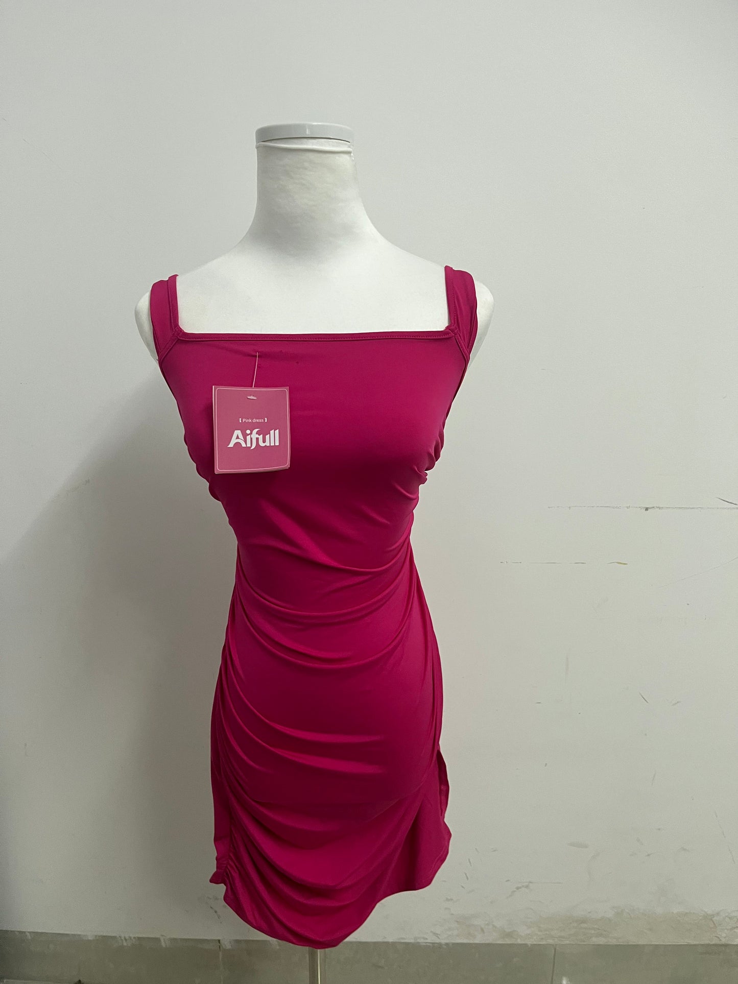 Aifull Magenta Dress - Square Neck Ruched Bodycon for Evening & Casual Style