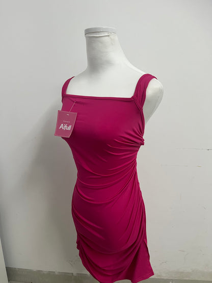 Aifull Magenta Dress - Square Neck Ruched Bodycon for Evening & Casual Style