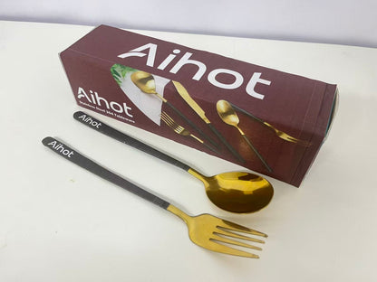 Aihot Flatware Set - Gold & Black 304 Stainless Steel for Elegant Dining