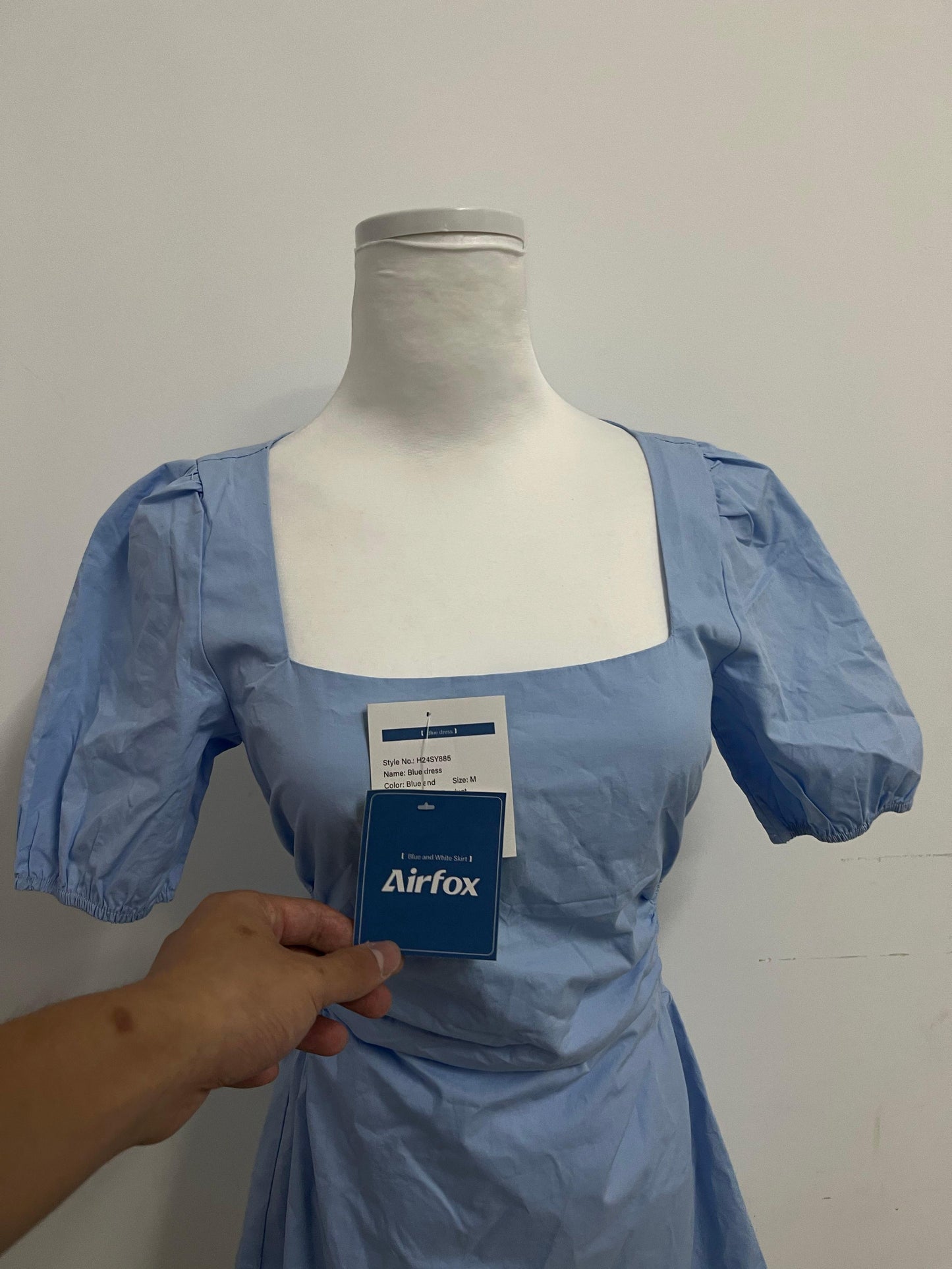 Airfox Dresses Blue Square - neck Puff - sleeve Dress - Encounter Summer Romantic Style