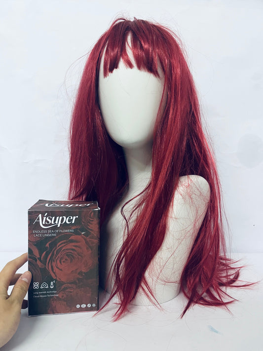 Aisuper Wine Red Wig for Women Long Straight Dark Red Wigs with Bangs 26 Inch Burgundy Wig Synthetic Wine Red Wigs Layered Straight Colored Cosplay Wigs Natural Red Hair Wig for Girls Daily Party Costume Use