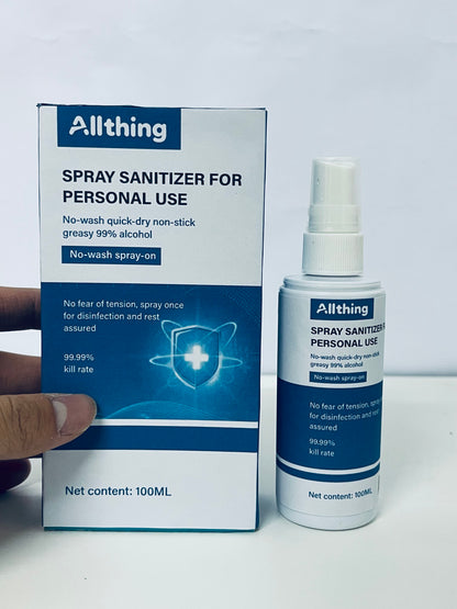 Allthing Spray Sanitizer For Personal Use, 100ML 99% Alcohol No-Wash Quick-Dry, 99.99% Kill Rate, Portable Disinfectant for Home, Office and Travel