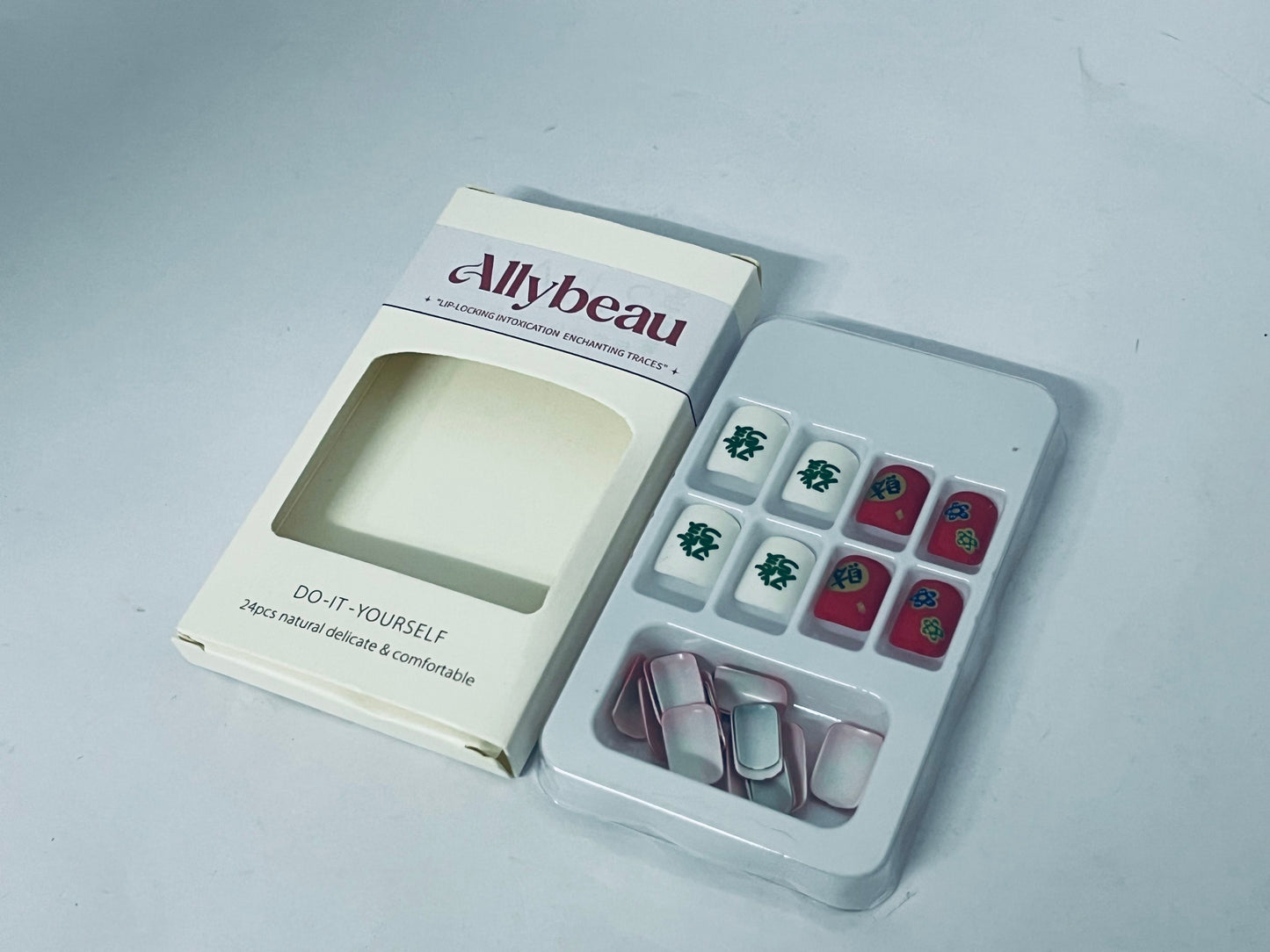 Allybeau Press on Nails Short Square-24Pcs False Nails with Red Get rich Designs Artificial Extra Short Square Fake Nails with Glue Stick on Fingernails