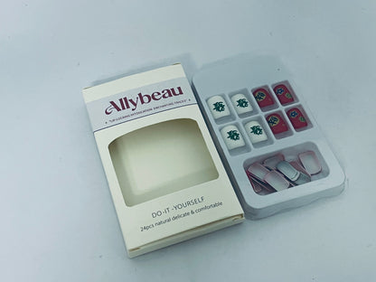 Allybeau Press on Nails Short Square-24Pcs False Nails with Red Get rich Designs Artificial Extra Short Square Fake Nails with Glue Stick on Fingernails