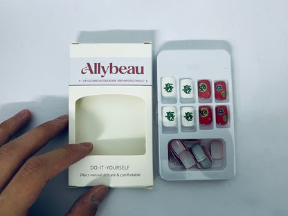 Allybeau Press on Nails Short Square-24Pcs False Nails with Red Get rich Designs Artificial Extra Short Square Fake Nails with Glue Stick on Fingernails