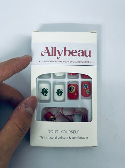 Allybeau Press on Nails Short Square-24Pcs False Nails with Red Get rich Designs Artificial Extra Short Square Fake Nails with Glue Stick on Fingernails