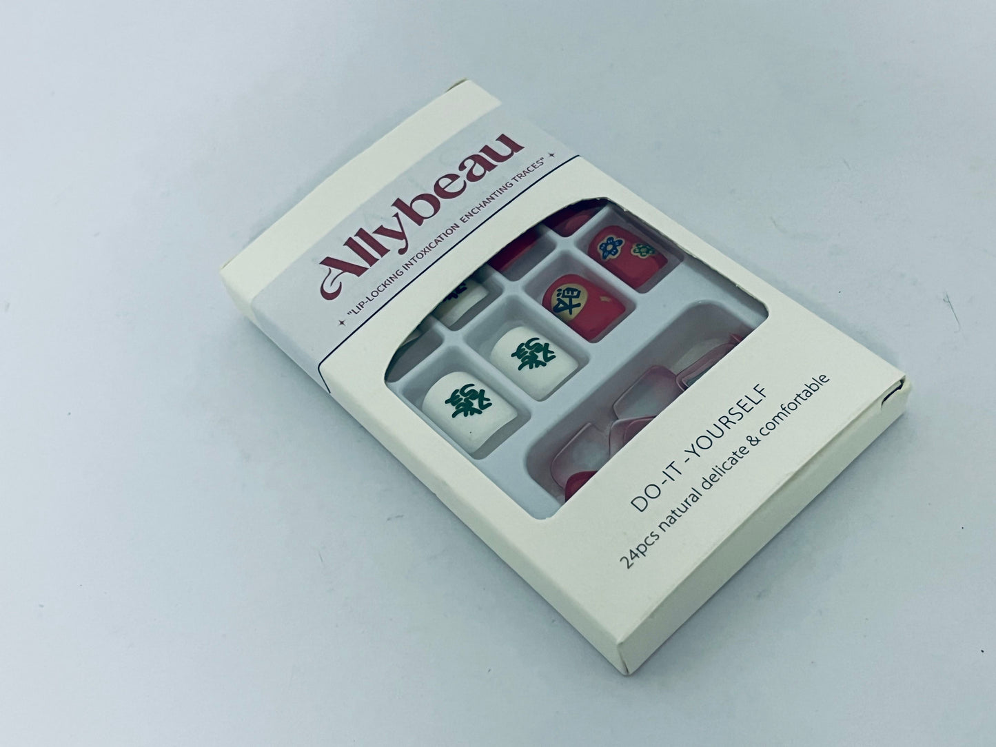 Allybeau Press on Nails Short Square-24Pcs False Nails with Red Get rich Designs Artificial Extra Short Square Fake Nails with Glue Stick on Fingernails