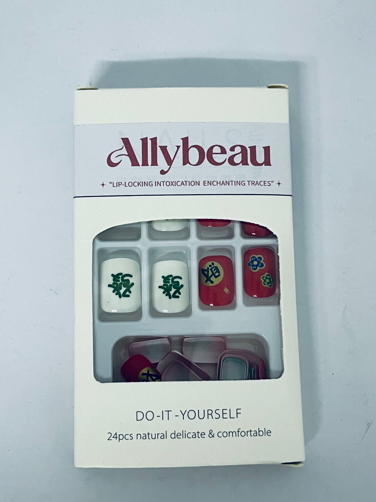 Allybeau Press on Nails Short Square-24Pcs False Nails with Red Get rich Designs Artificial Extra Short Square Fake Nails with Glue Stick on Fingernails