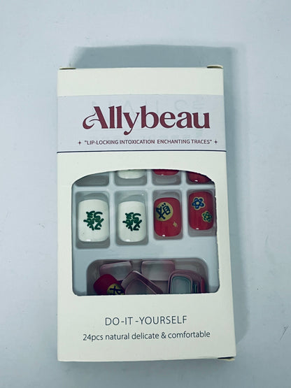 Allybeau Press on Nails Short Square-24Pcs False Nails with Red Get rich Designs Artificial Extra Short Square Fake Nails with Glue Stick on Fingernails