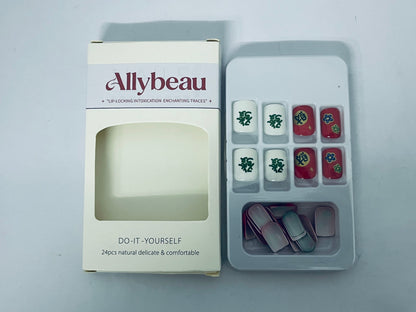 Allybeau Press on Nails Short Square-24Pcs False Nails with Red Get rich Designs Artificial Extra Short Square Fake Nails with Glue Stick on Fingernails