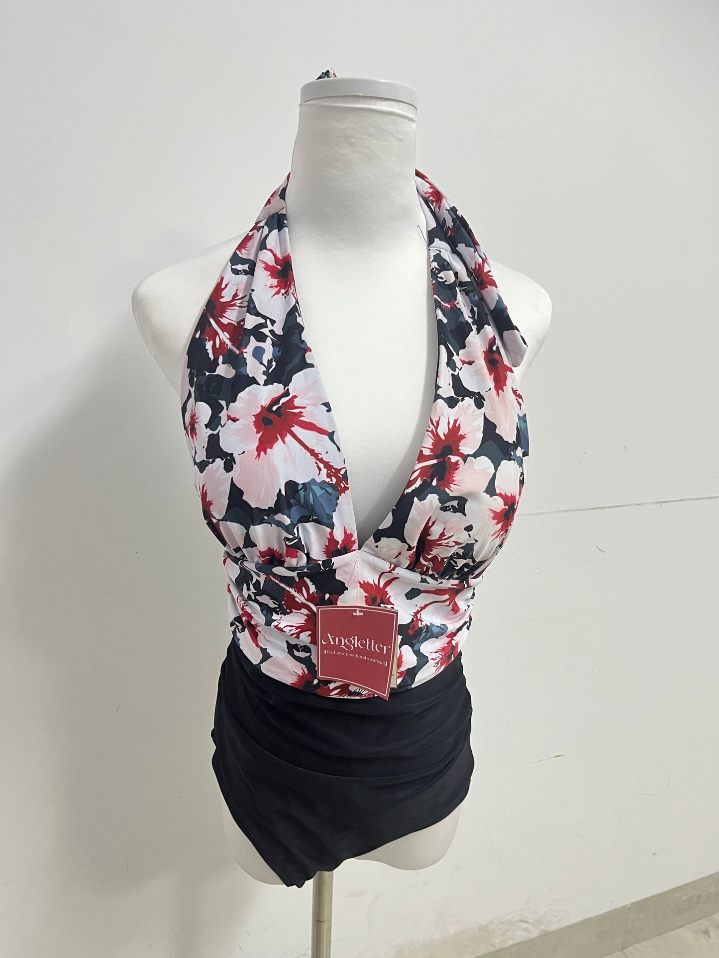 Angletter Red & Pink Floral Halter Deep V Swimsuit, Figure-Flattering Color-Block Bathing Suit for Vacation