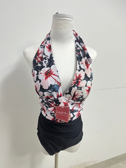 Angletter Red & Pink Floral Halter Deep V Swimsuit, Figure-Flattering Color-Block Bathing Suit for Vacation