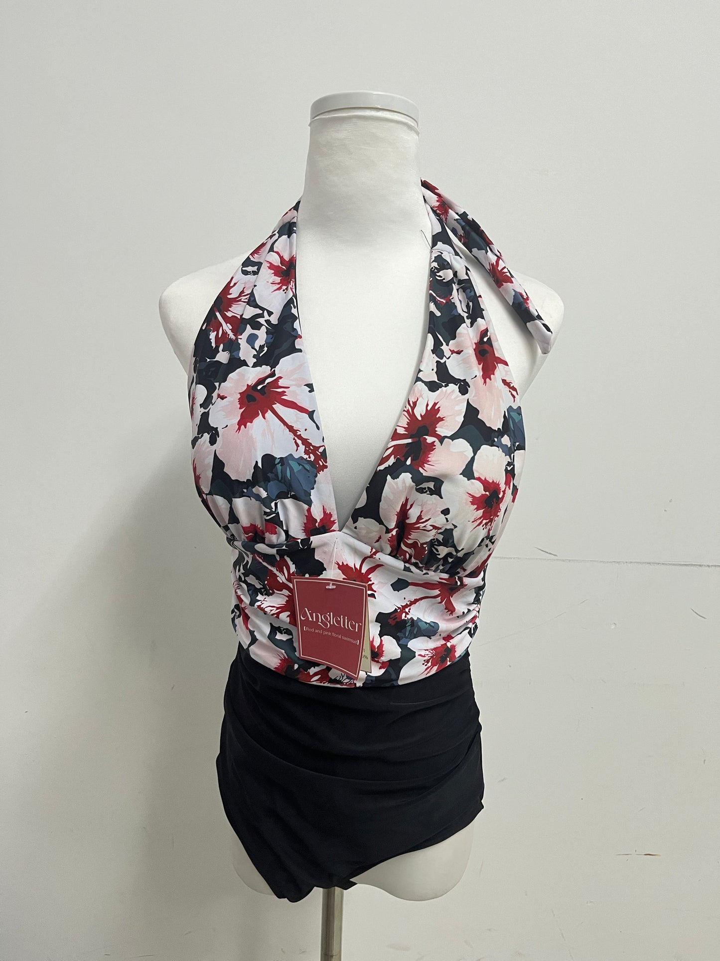 Angletter Red & Pink Floral Halter Deep V Swimsuit, Figure-Flattering Color-Block Bathing Suit for Vacation