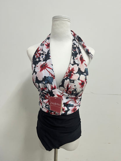 Angletter Red & Pink Floral Halter Deep V Swimsuit, Figure-Flattering Color-Block Bathing Suit for Vacation